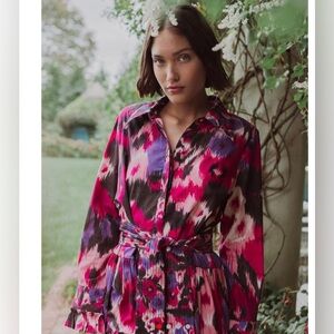 Figue Long Sleeve Cami Dress Medium Batik Pink Multi Tie Belt Cotton Button Down